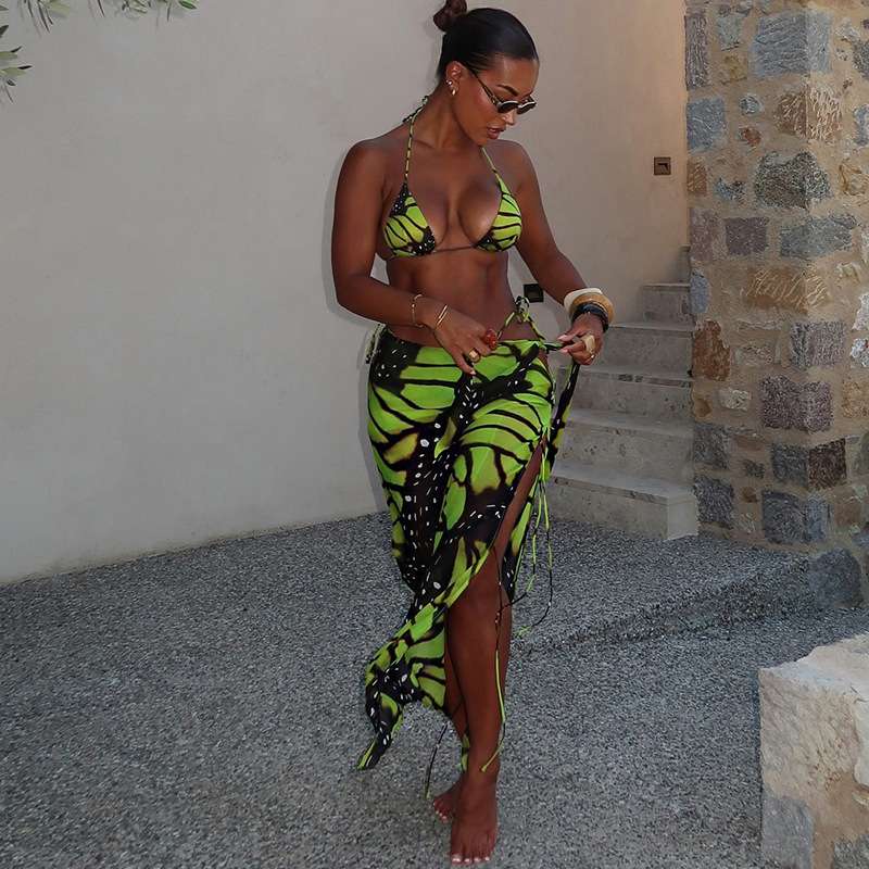 Butterfly Print Bikini Cover-Up Set - S, Green image