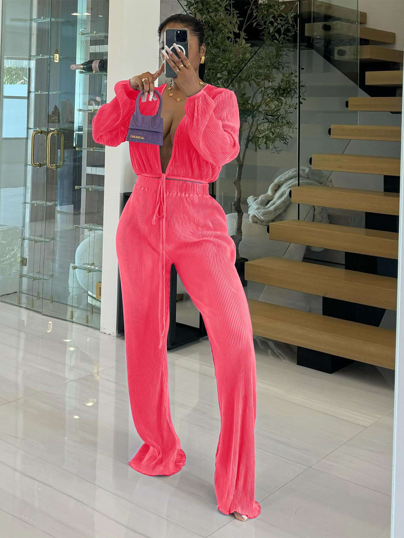 V-neck Cardigan Set - L, Pink image