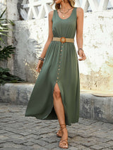 Sleeveless Button-Front Maxi Dress with Belt - S, Green image