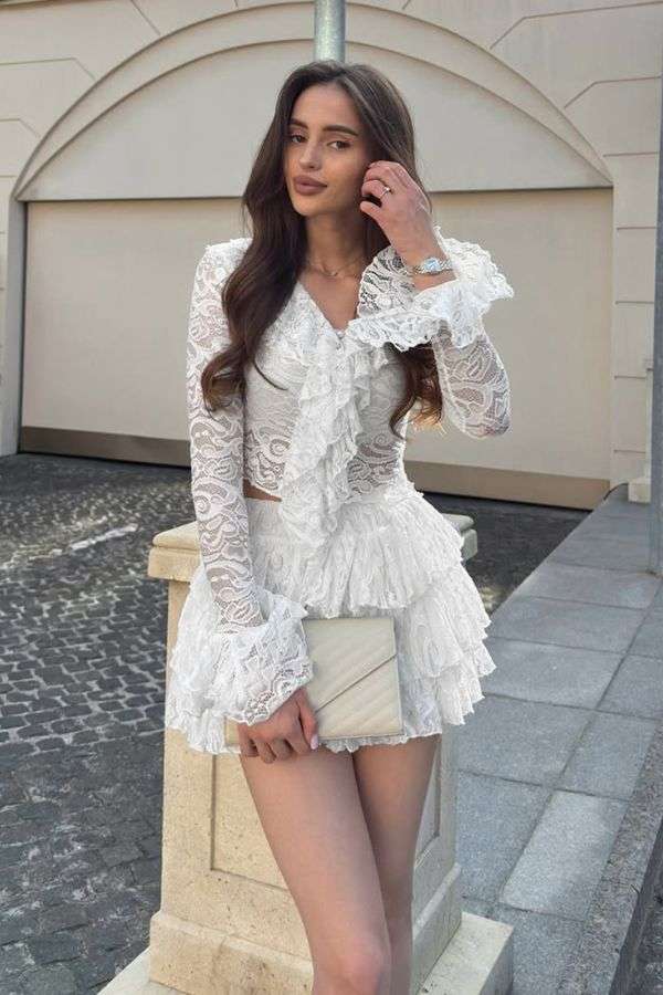 Lace Ruffled Two-Piece Sets - S, White image