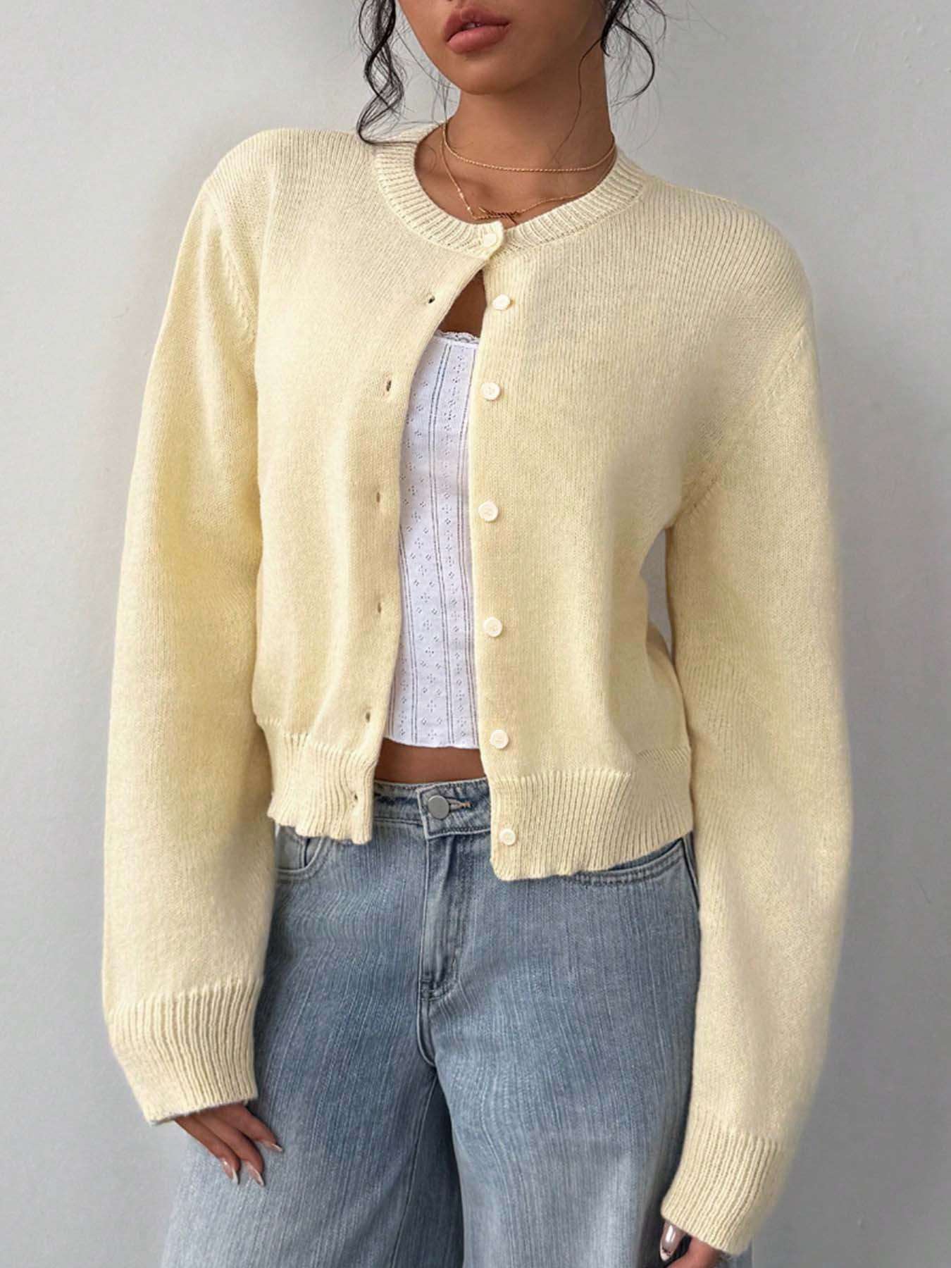 Cozy Cream Knit Button-Up Cardigan - S, Light Yellow image