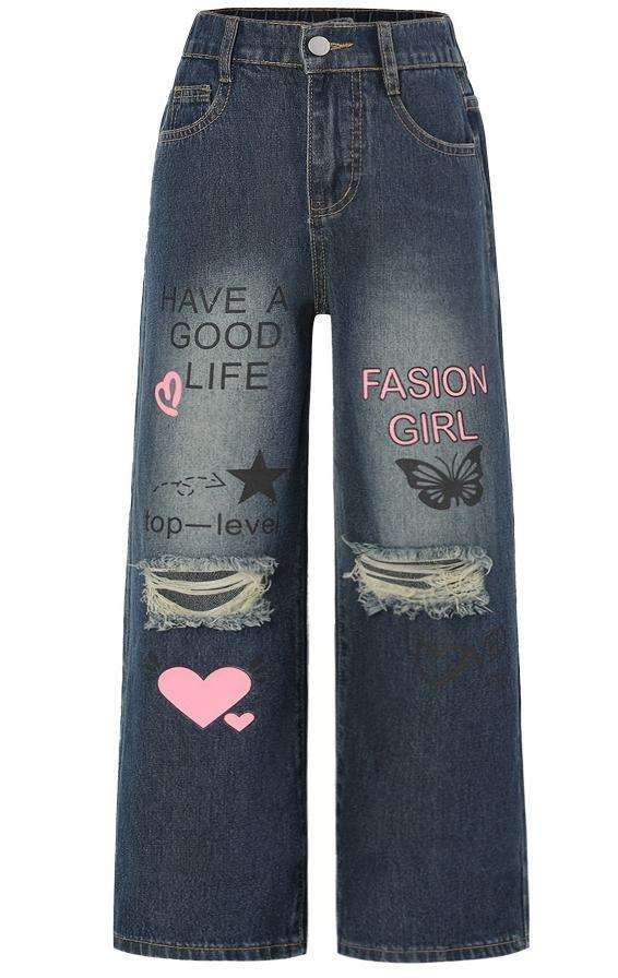 Graffiti Print Ripped Denim Pants - XL, Dark Blue image