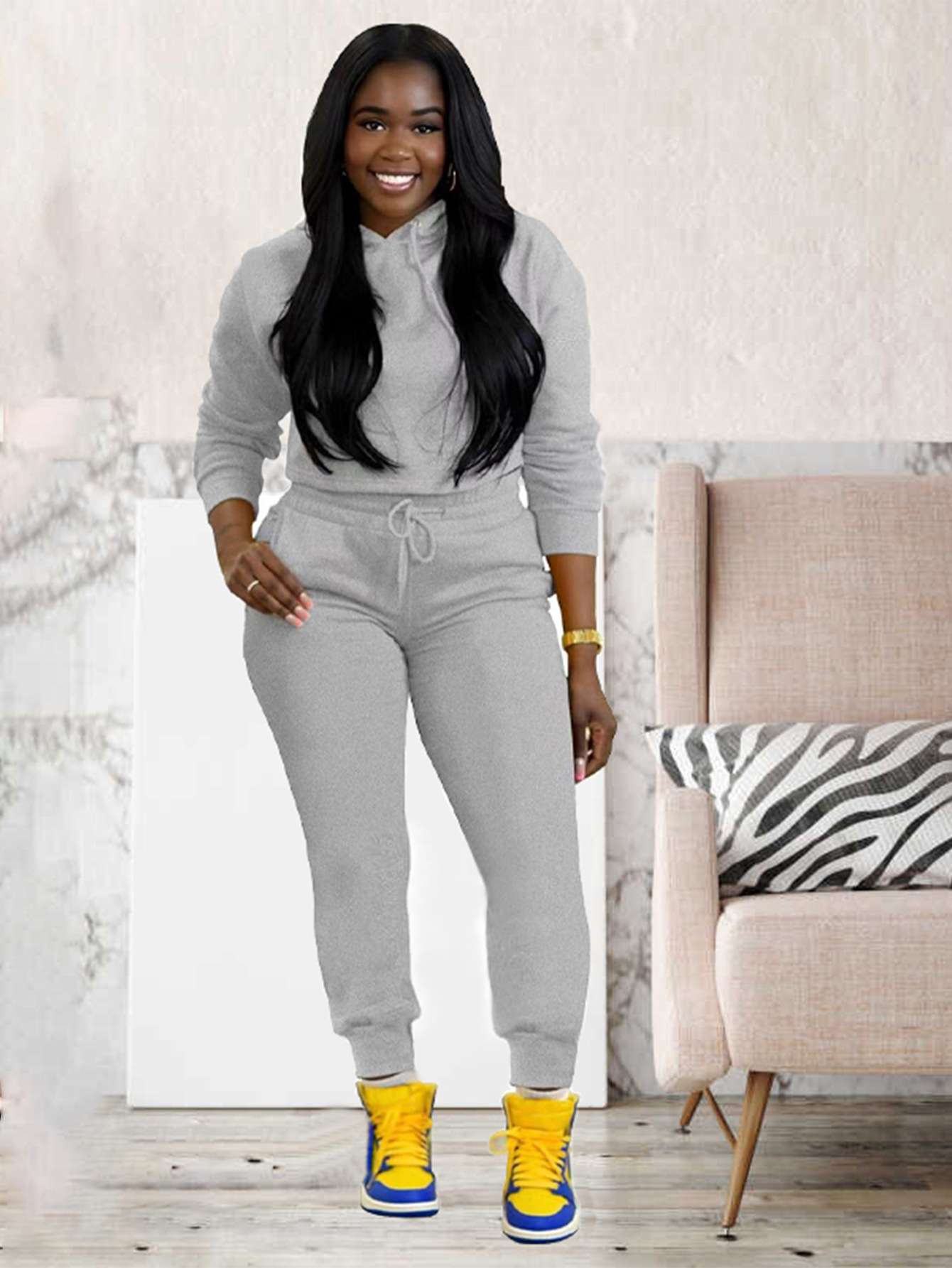 Cropped Hoodie Sweatshirt With Joggers - XL, Grey image