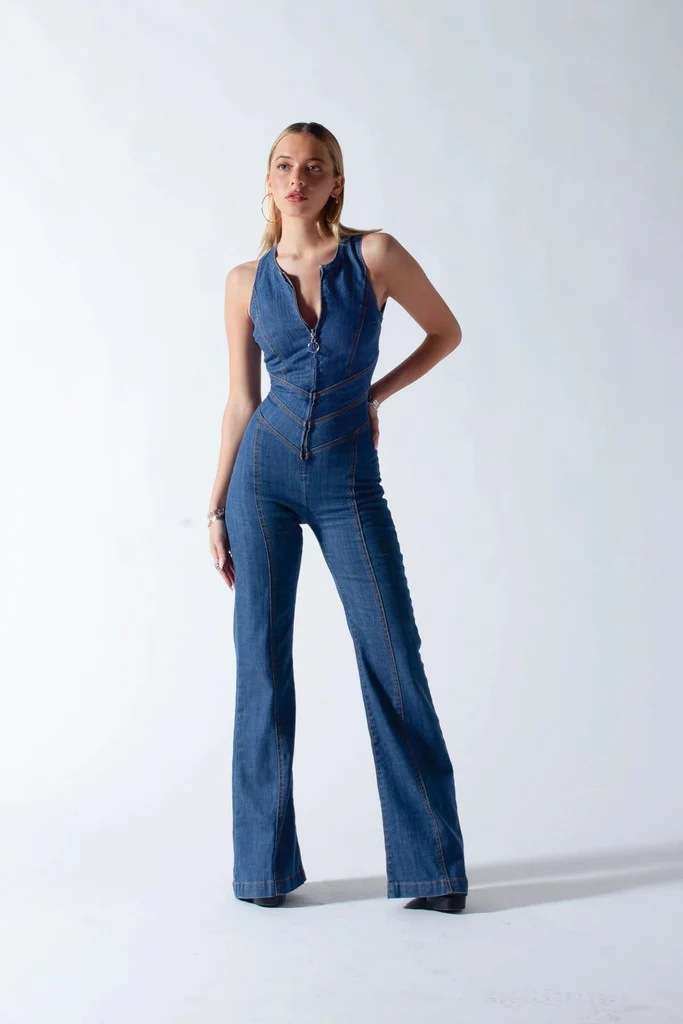 Retro Denim Diva Jumpsuit - S, Blue image