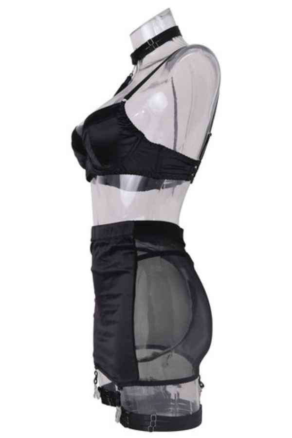 Sexy Sheer Patched Satin Mini Skirt 5pcs Lingerie Set image 4