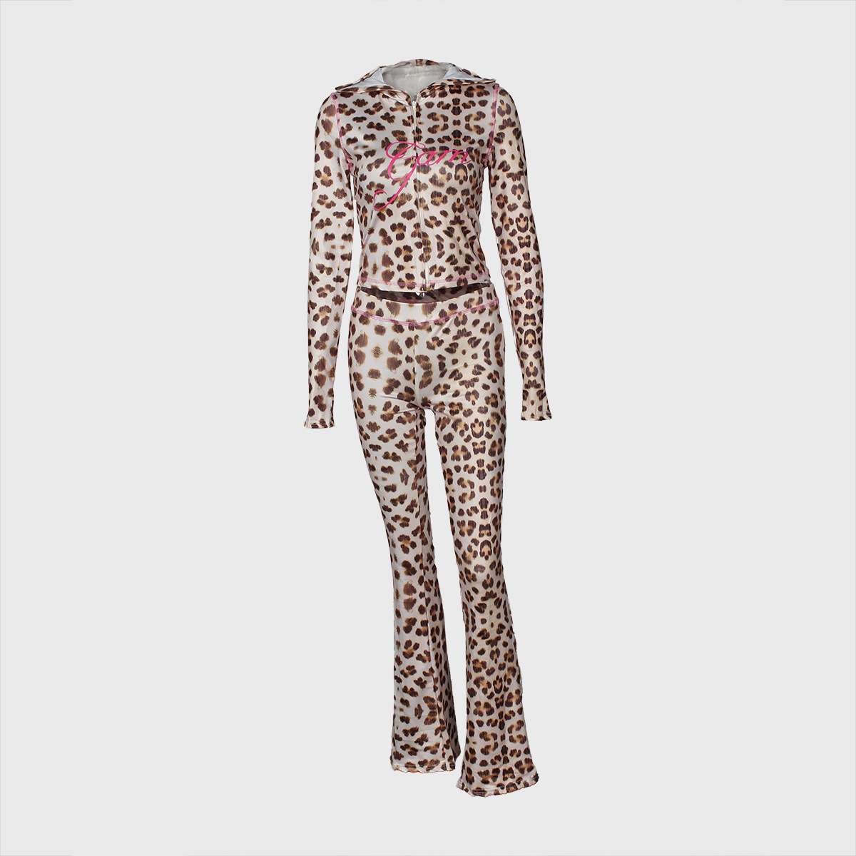 Versatile Leopard Print Hooded Top Pants Suit image 5