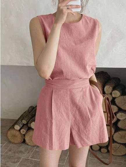 Relaxed Fit Top & High-Waisted Shorts Set - S, Pink image