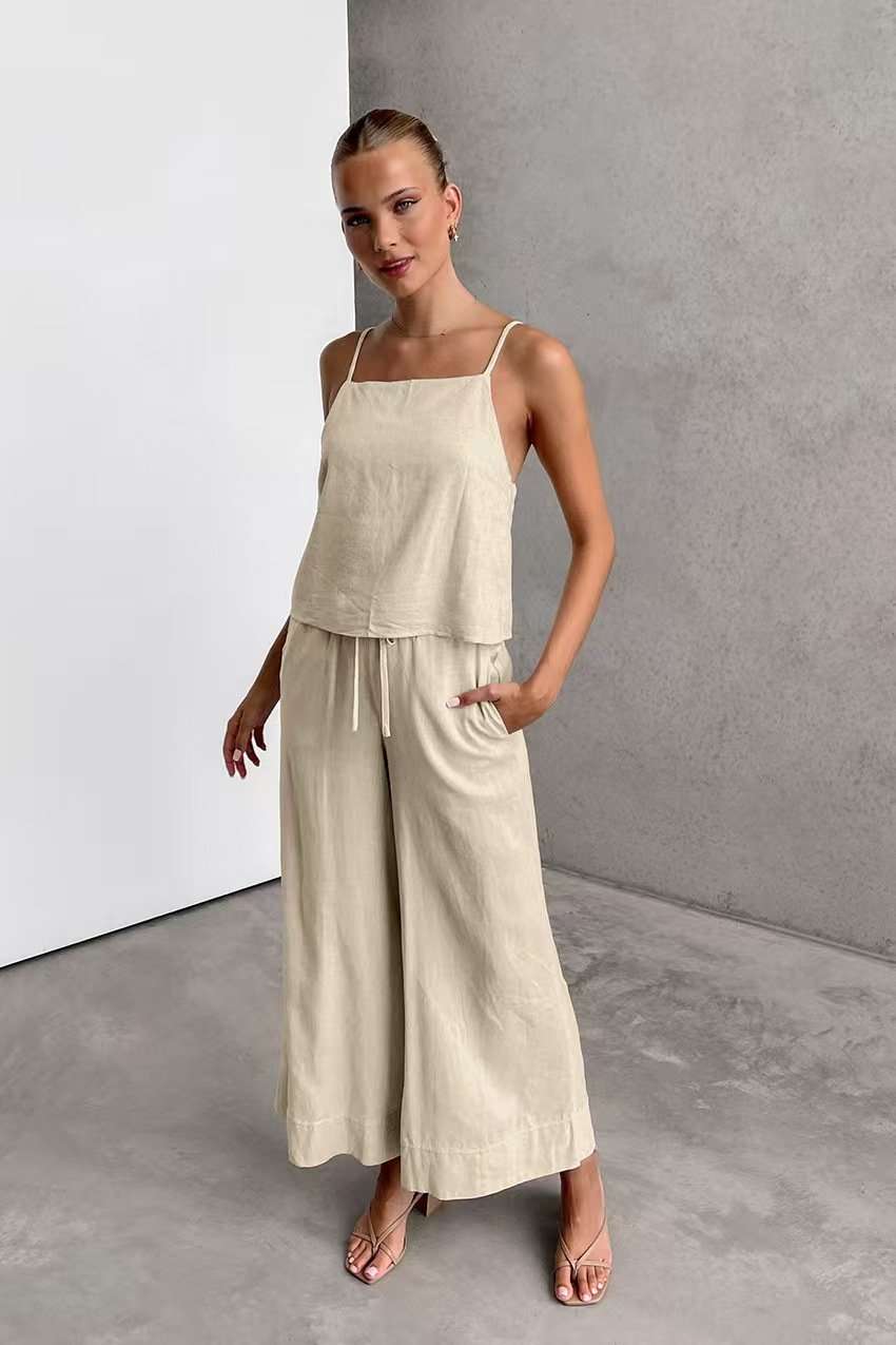 Back-Tie Top and wide Pant Set - S, Beige image