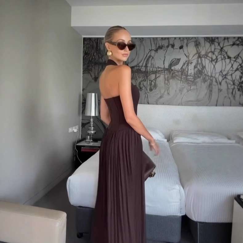 Halter Maxi Dress with Pleated Skirt image 3