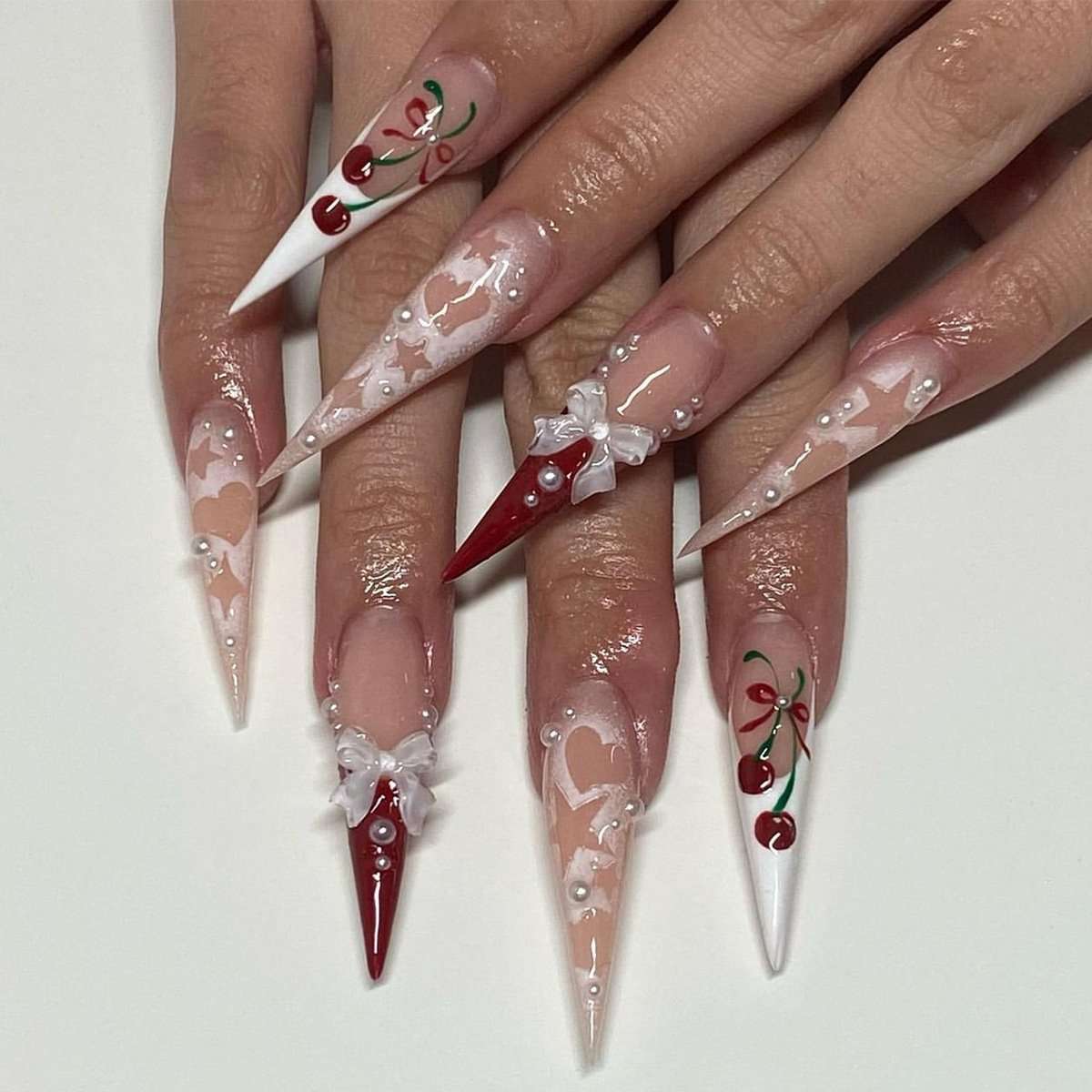 Heart Stiletto Nails with 3D Pearls and Bows image 3