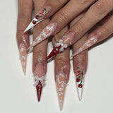 Heart Stiletto Nails with 3D Pearls and Bows image 3