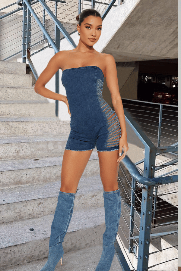 Frayed Edge Strapless Denim Romper image 2