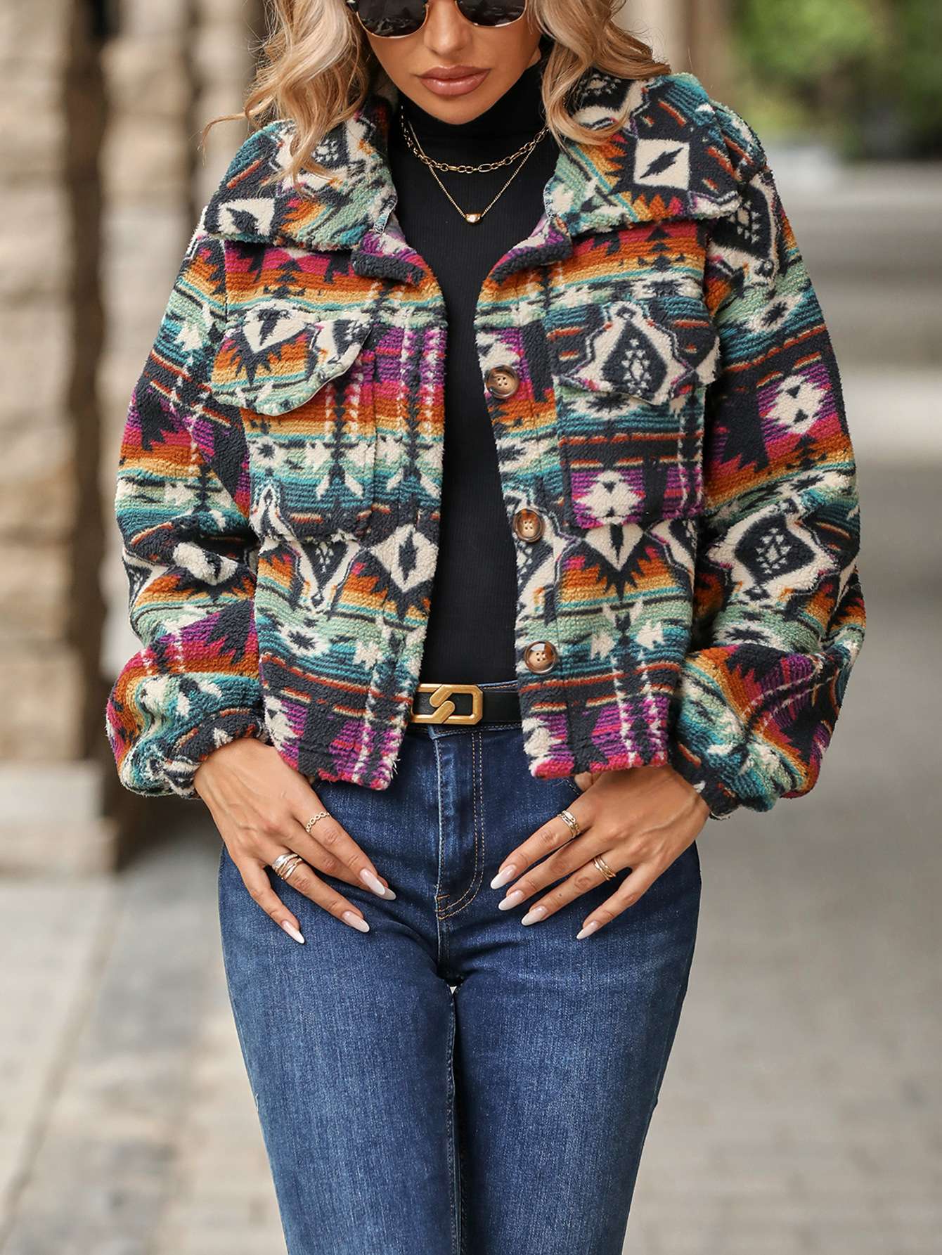 Fleece Jacket Ethnic Print Long Sleeve Shacket - L, Multi Purple image