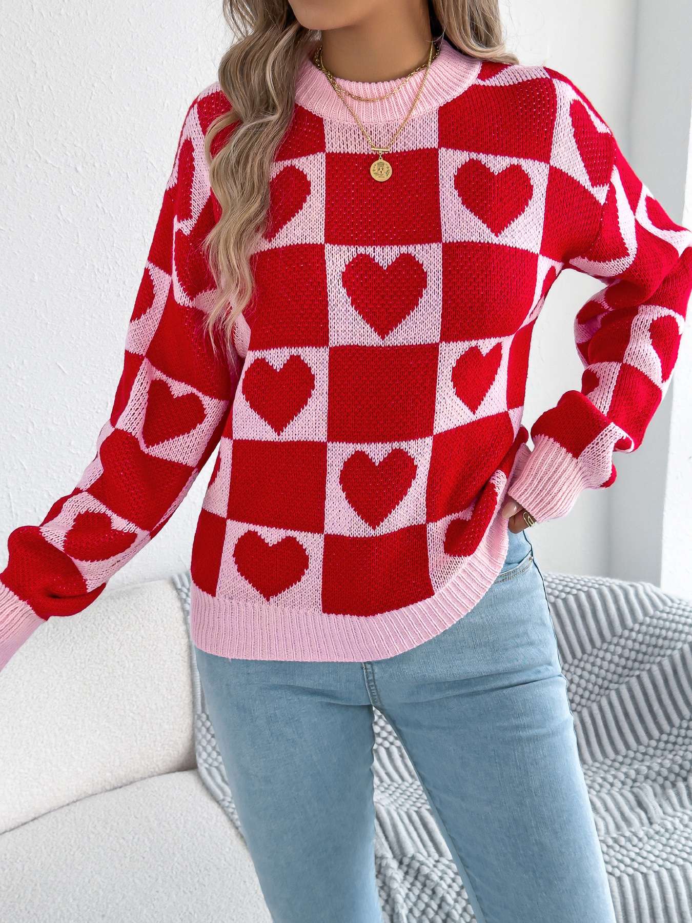 Heart Pattern Knit Sweater - S, Red image