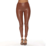 Faux Leather High-Waisted Skinny Pants - S, Brown image