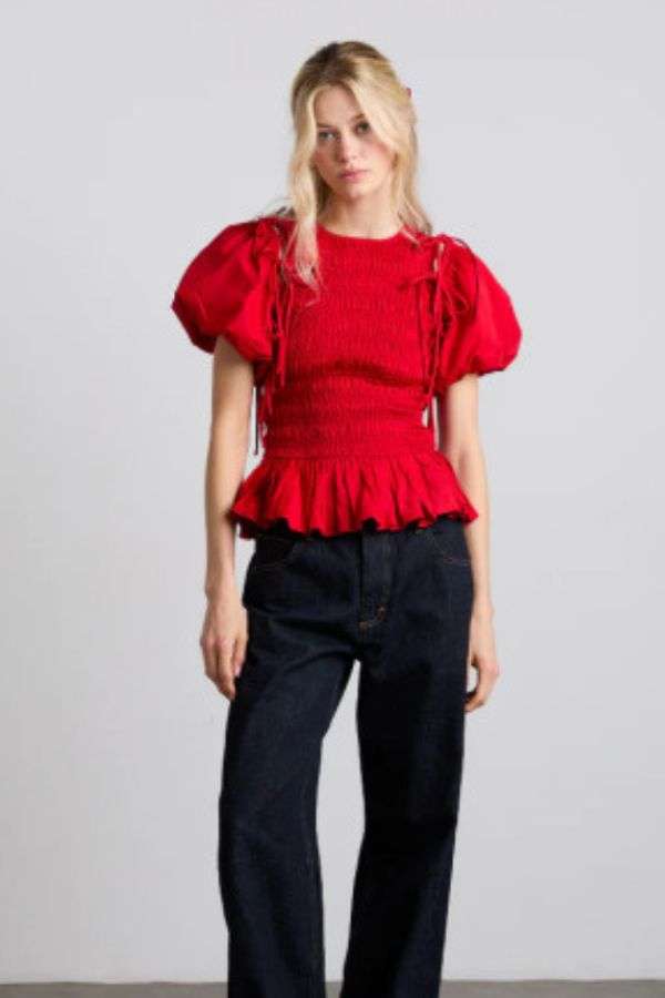 Red Smocked Puff-Sleeve Blouse - M, Red image