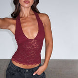 Cute Halter Mesh Lace  Crop Tank Top - M, Wine Red image