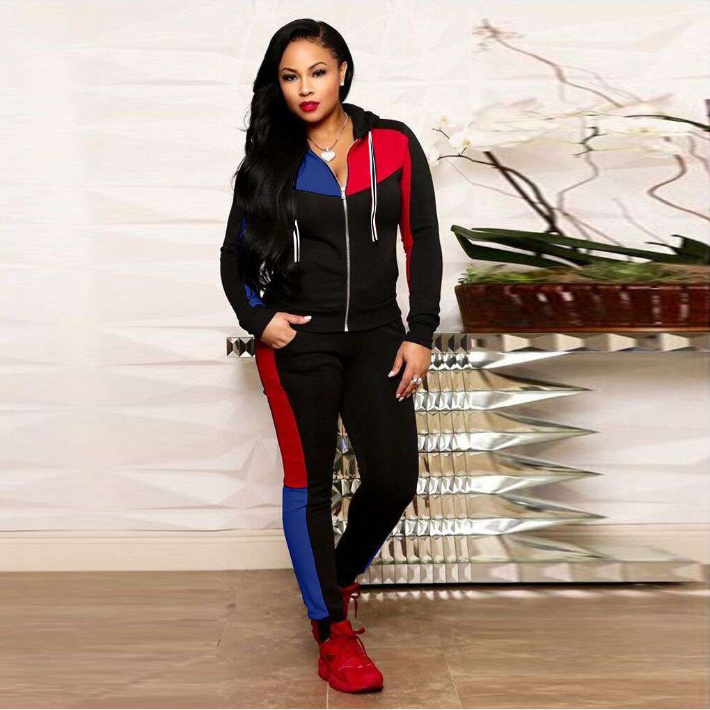 Color Block Two Piece Activewear Zipper Up Set - XL, Black image