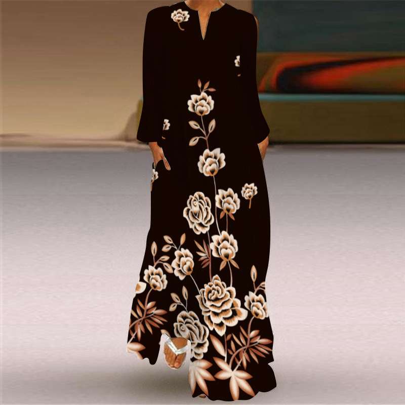 Printed Long Sleeve V-neck Dress image 1