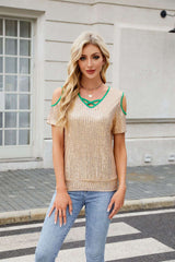 Sequin Embellished Short-Sleeve Top - L, Beige image