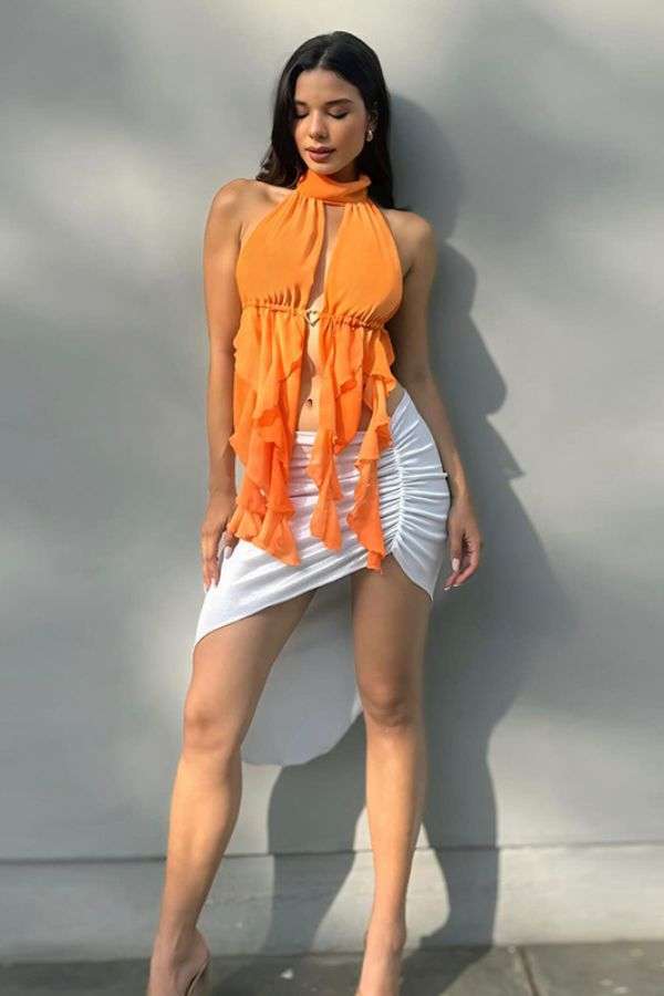 Ruffled Halter Top with Front Tie - L, Orange image