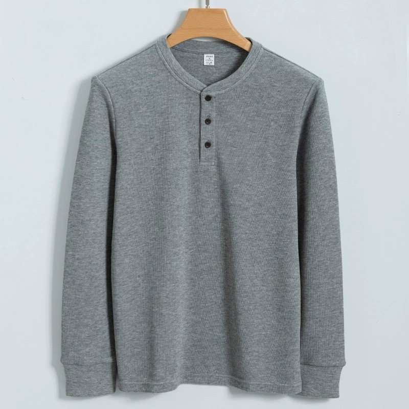 Henley Neck Cotton T-shirt - M, Grey image