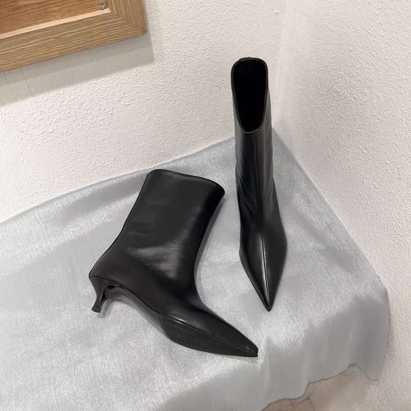 Elongated Square-Toe Kitten-Heel Calf Boots