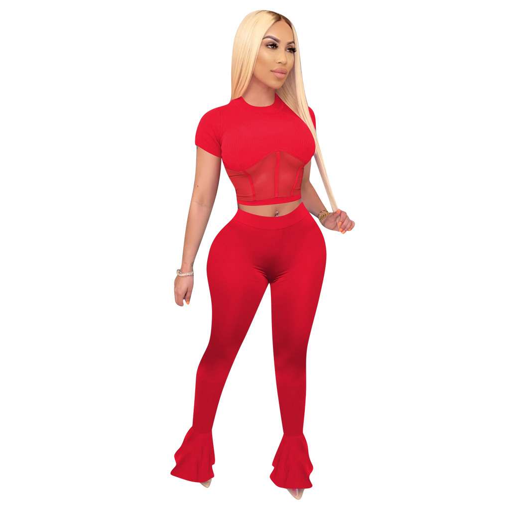 Mesh Short Sleeve Top and Flared Pants - XL, Red image