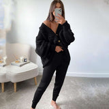 V-Neck and Buttons Loose Knitted Suit - L, Black image