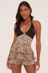 Leopard Print Lace Halter Dress - M, Multi Brown image