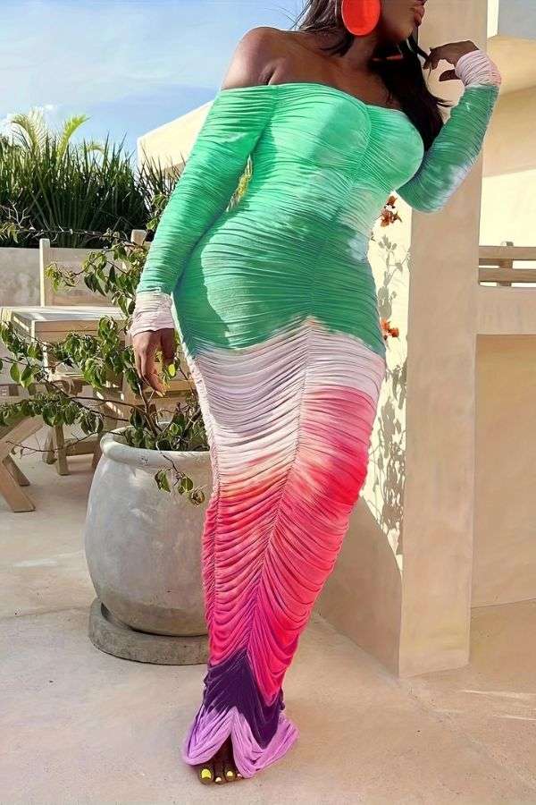 Off Shoulder Ruched Bodycon Maxi Dress - S, Multi Green image