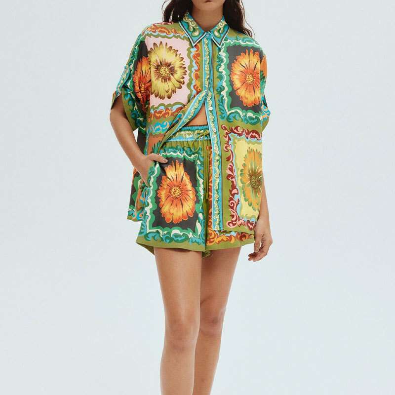 Floral Short Set with Oversized Shirt & Shorts - S, Green image