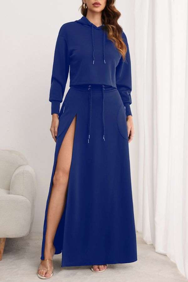 Casual 2 Piece Sweatshirts Split Skirt Sweatsuit - M, Deep Cobalt Blue image