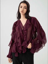 Elegant Ruffled Sheer Blouse - S, Maroon image