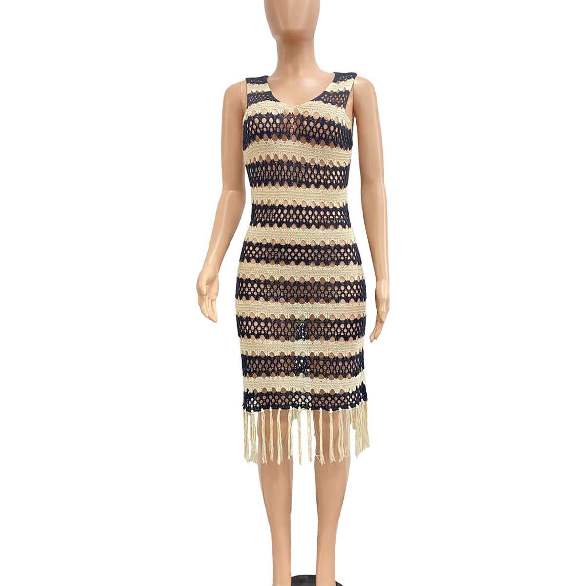 Crochet Knit Fringe Midi Dress - S, Black image
