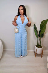 Embroidered Halter Jumpsuit - M, Blue image