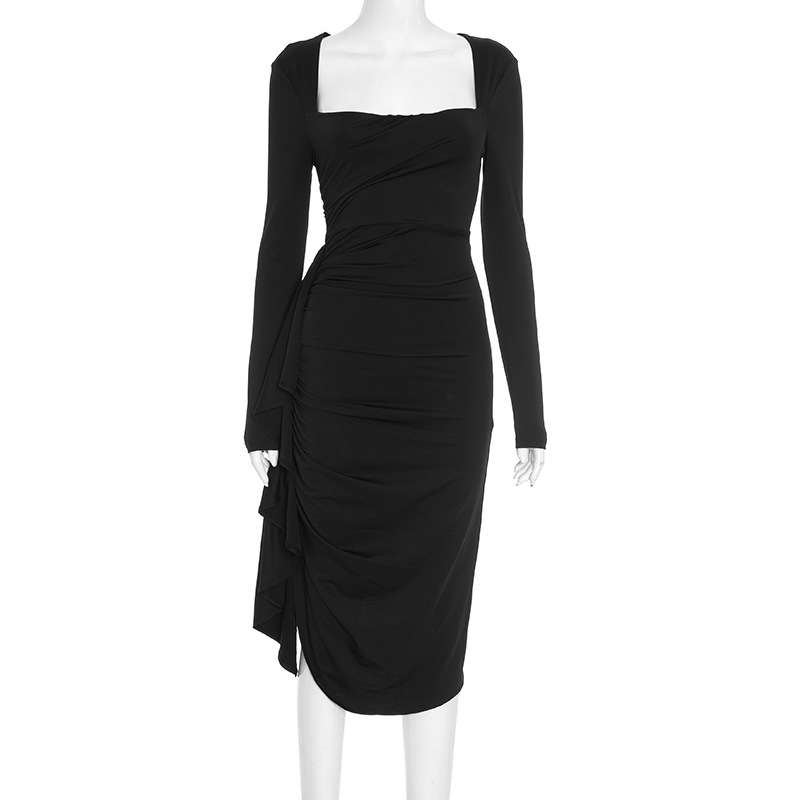 Black Long-Sleeve Draped Midi Dress image 5