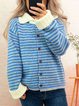 Striped Cardigan with Contrast Collar & Cuffs image 1