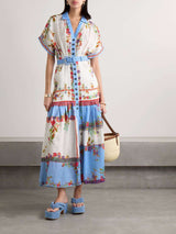 Floral-Print Belted Linen Maxi Dress - S, Multi Blue image