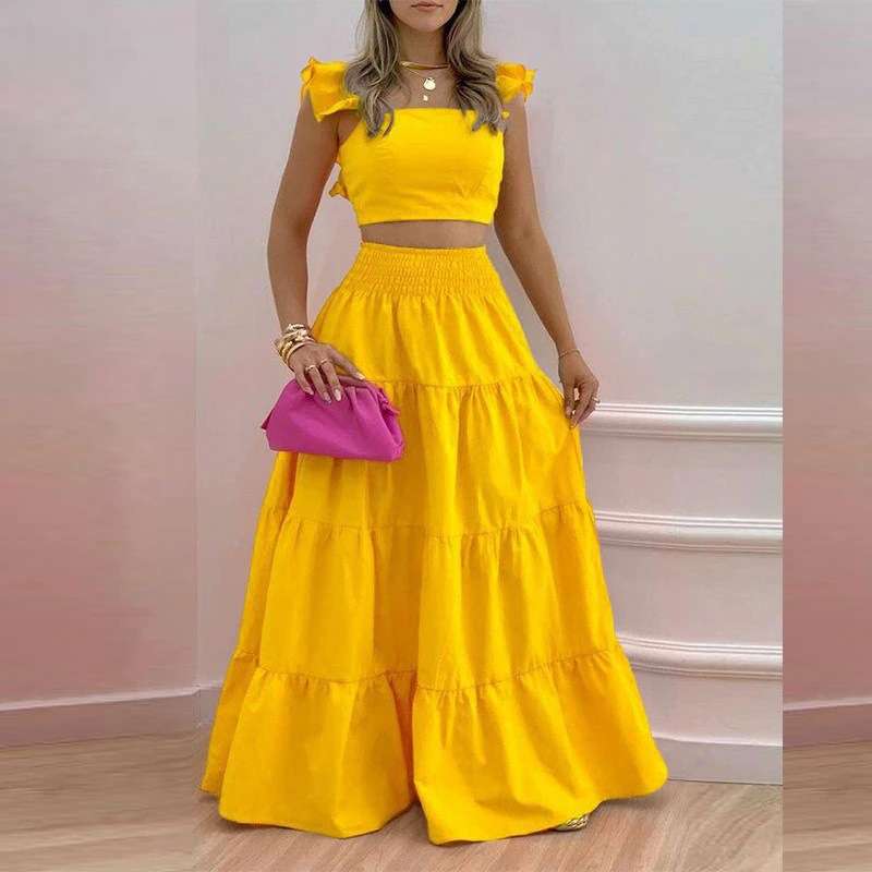 Two-Piece Set with Ruffled Sleeves and Maxi Skirt - S, Yellow image