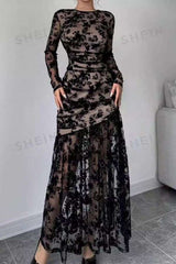 Lace Long Sleeve Maxi Dress - Black, L image