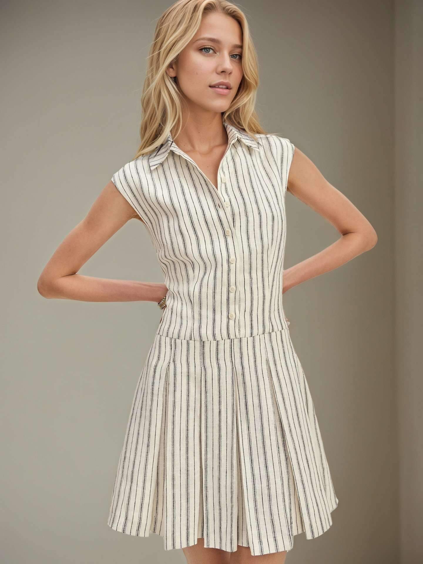 Classic Striped Sleeveless Shirt Dress - L, Light Beige image