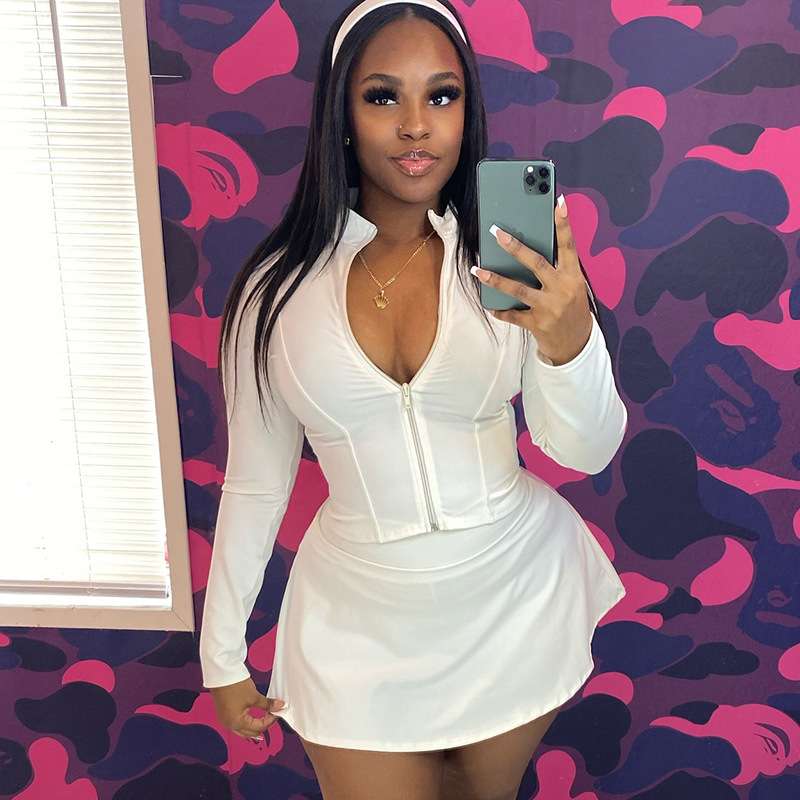 Zip-Up Top with Flared Skirt - L, White image