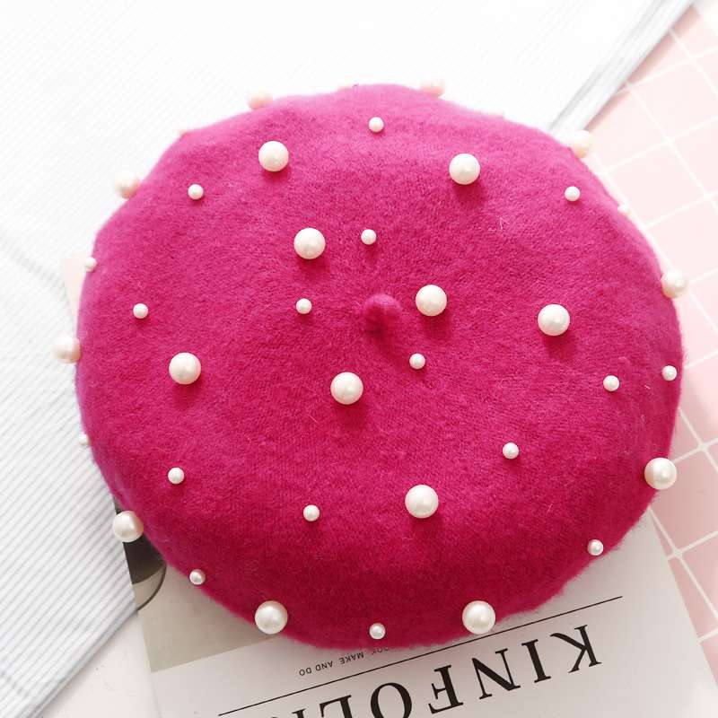 Embellishment Beaded Studs Crochet Cashmere Beret Cap image 0