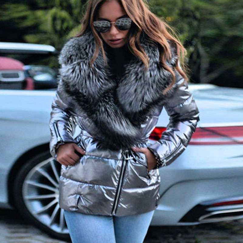 Big Collar Long-Sleeved Down Padded Jacket - S, Silver image