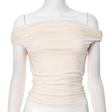 Off-Shoulder Ruched Top - L, Light Beige image