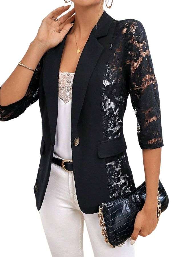Contrast Lace Open Front Blazer - S, Black image