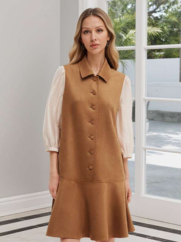 Button-Front Dress with White Sleeve Detail - M, Beige image
