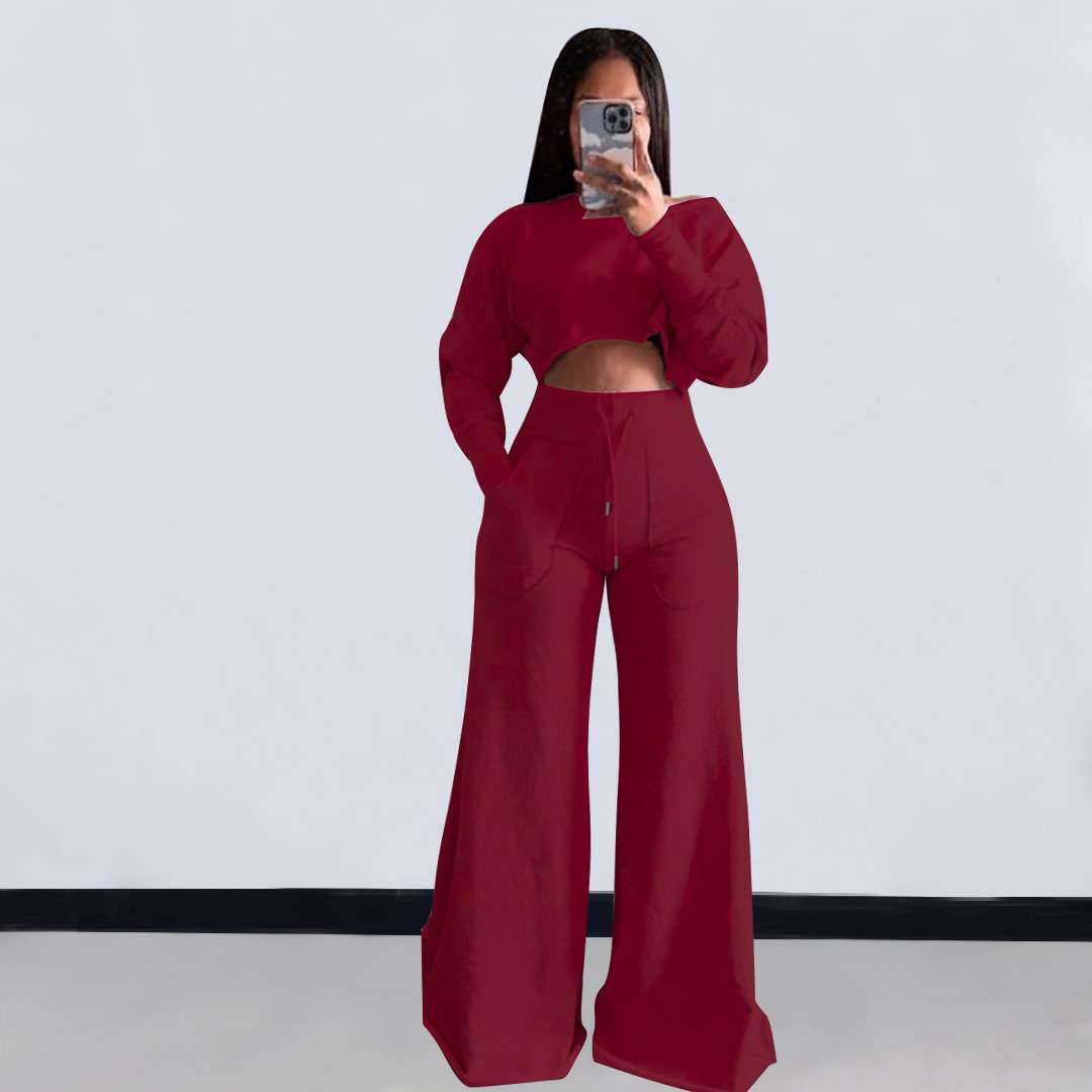 Crop Sweatshirt Wide Leg Pants Set - XL, Red image
