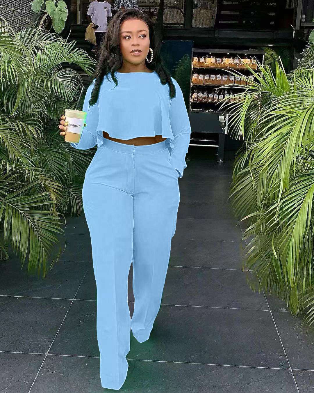 Crop Top Loose Pants Two Piece Casual Suits - L, Sky Blue image